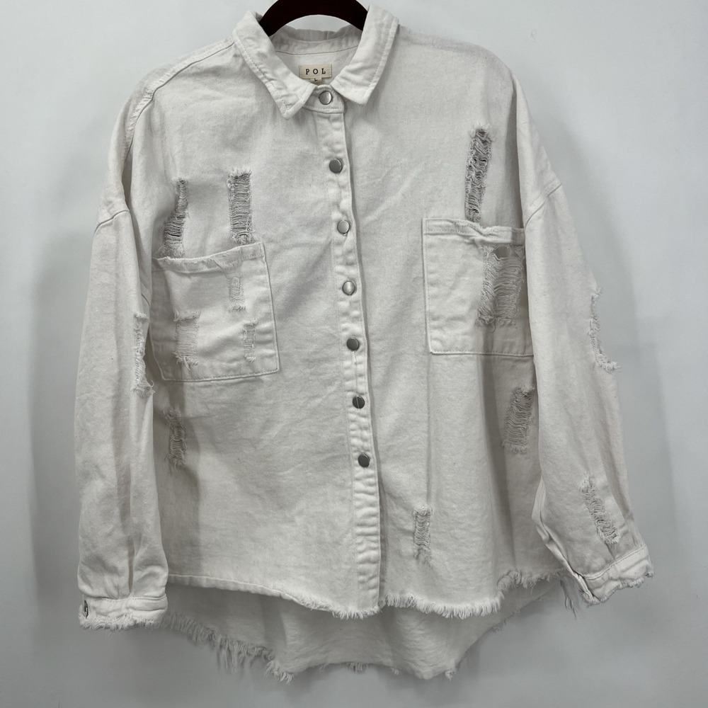 Women's Oversized Pol Thrashed White Denim Jacket Sz L Grunge Punk Emo Fringe